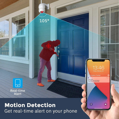 1080P WiFi Outdoor Security Cam With Motion Alerts Two Way Audio Infrared Night Vision Waterproof Shield SD Card Slot Or Cloud Storage Compatible With Alexa Real Time Mobile Alerts And Live View