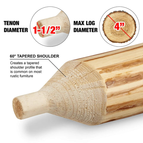 Pro Grade Tenon Cutter Kit for Log Furniture with 1 to 3 Inch Cutters and Forstner Bits, showing 60 degree tapered shoulder profile