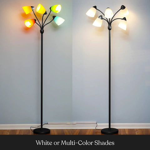 Five Head LED Floor Lamp With Dimmable 4000 Lumens, Tall Adjustable Standing Light With Interchangeable Black Shades