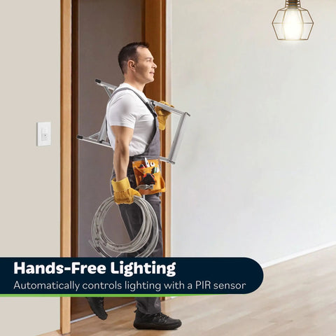 Motion Sensor Switch With PIR Ambient Light Level, Occupancy And Vacancy Modes shown in home setting with hands-free lighting control