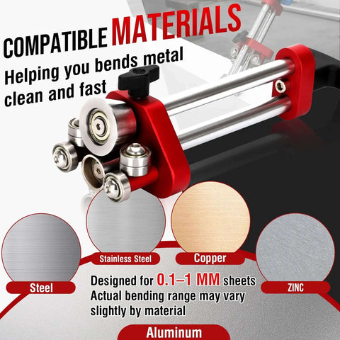 Edge Roller For Sheet Metal Bending With 0 To 100 Degree Range showing compatible steel, aluminum, copper materials