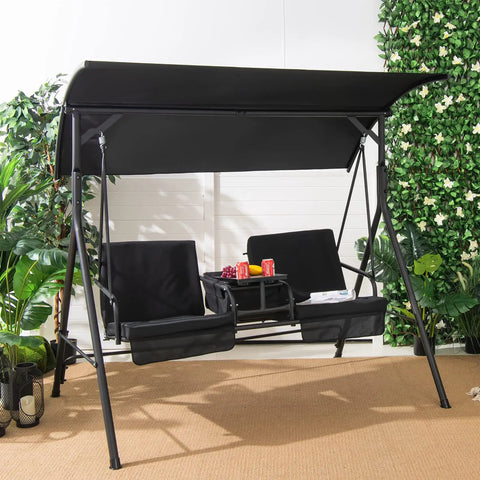 Two Person Porch Swing With Canopy Outdoor Swing With Pivot Storage Table Cooler Bag Two Cup Holders Removable Cushions