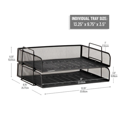 Stackable Paper Tray Desk Organizer Set Of 2 With Metal Mesh File Storage For Office Black Ready To Use No Assembly Required