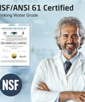 NSF/ANSI 61 certification for RO Water Filter Faucet for Home Kitchen Use No Fuss Non Air Gap Style, beside smiling professional.