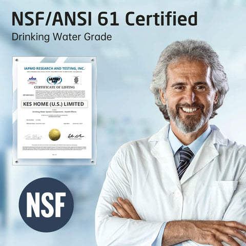 NSF/ANSI 61 certification for RO Water Filter Faucet for Home Kitchen Use No Fuss Non Air Gap Style, beside smiling professional.