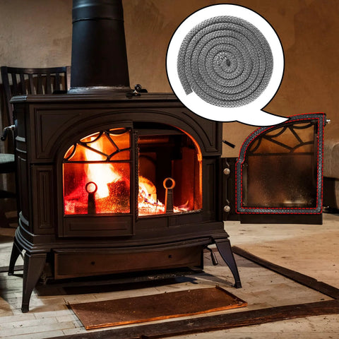 Wood stove door gasket rope, 1in x 98in fiberglass heat-resistant seal for wood stoves, front view with door open