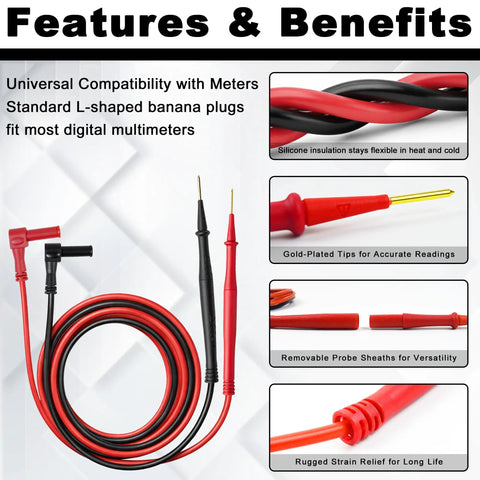 Deluxe Silicone Test Lead Kit for HVACR Multimeters With Alligator Clip Extensions Extended Reach Molex Probes High Heat and Cold Weather Performance.