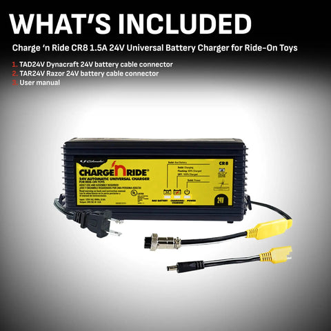 24V Universal Ride On Battery Charger For Dynacraft And Razor Toys, Fully Automatic Charge N Ride CR8 One Point Five Amp With Auto Voltage Detection, Multi Stage Charging, Float Mode, Bad Battery Detection, And Safe Auto Shutoff