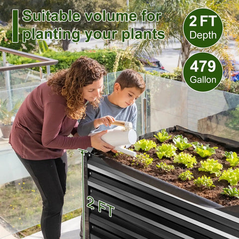 Mother and child planting in Heavy Duty Metal Raised Bed Garden Kit 8x4x2 Ft Galvanized Planter Boxes, outdoor use, large raised garden beds