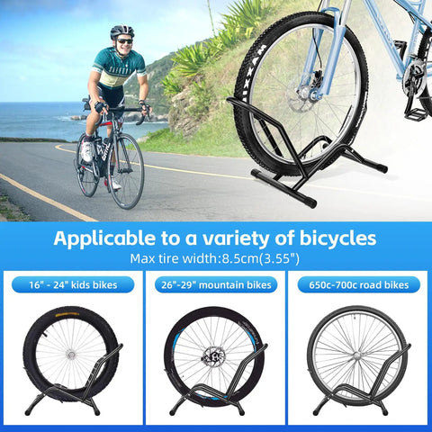 Image showing Heavy Duty Indoor Bike Floor Stand Adjustable Single Wheel Rack supporting various bike types and wheel sizes.