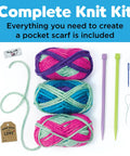 Complete Knit Kit with rainbow yarn, color-coded needles, and tools for Learn To Knit Pocket Scarf Kit For Beginners, Easy DIY Knitting Craft For Kids 9 Plus.