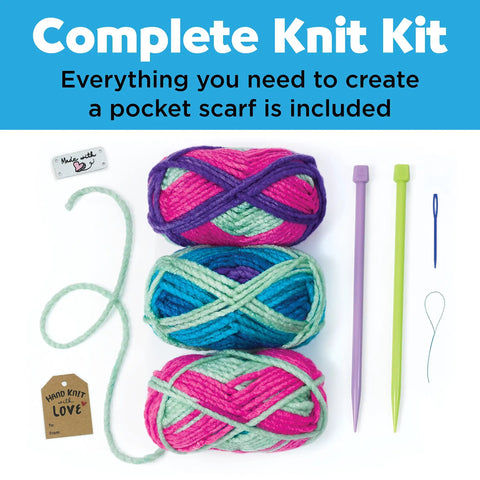 Complete Knit Kit with rainbow yarn, color-coded needles, and tools for Learn To Knit Pocket Scarf Kit For Beginners, Easy DIY Knitting Craft For Kids 9 Plus.