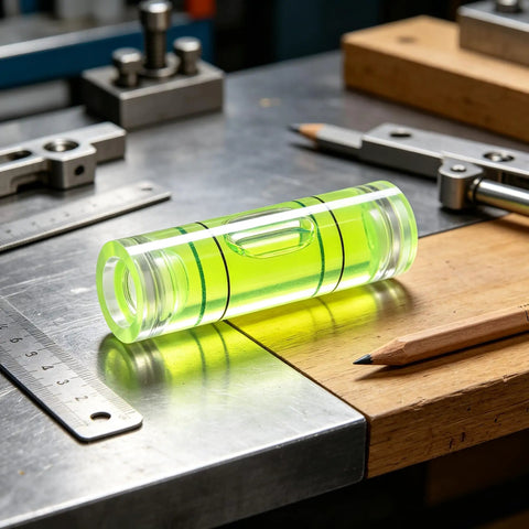 6Pcs Small Cylindrical Bubble Level Vials 10X35Mm Pmma Mini on a workbench with tools, featuring a bright green color.
