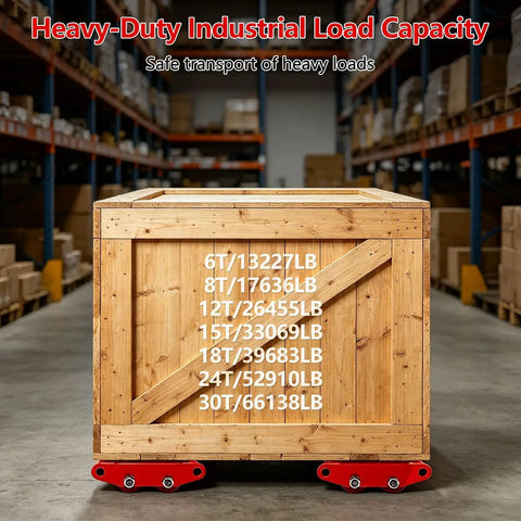 Heavy Duty Machine Skate Dolly Set For Effortless Equipment Transport, 30 Ton Capacity, wooden crate on dollies in warehouse