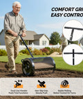 Man using 30 Inch Compost Spreader For Lawn And Garden With Adjustable Four Height T Shape Handle Peat Moss Roller And Seed Spreader For Backyard Outdoor Use Beast At Spreading Compost And Nutrients For A Lush Healthy Lawn on a lawn.