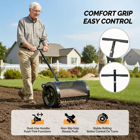 Man using 30 Inch Compost Spreader For Lawn And Garden With Adjustable Four Height T Shape Handle Peat Moss Roller And Seed Spreader For Backyard Outdoor Use Beast At Spreading Compost And Nutrients For A Lush Healthy Lawn on a lawn.