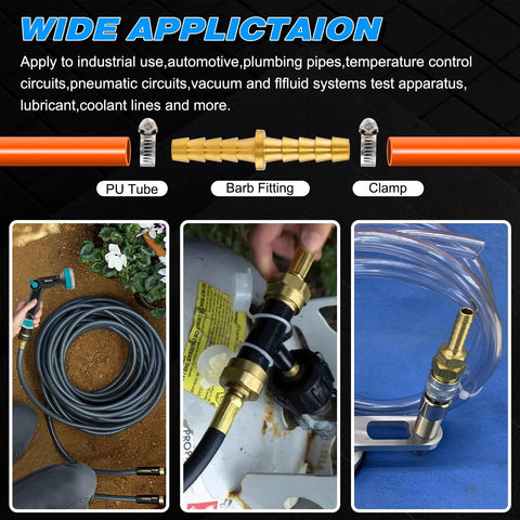 Brass hose barb fittings kit with clamps and PU tubing, 1/8–1/2 in. sizes for water and air lines.