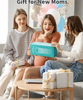 Three women excitedly unboxing the 22 Oz Double Wall Insulated Stainless Steel Breast Milk Cooler Bottle for Nurses.