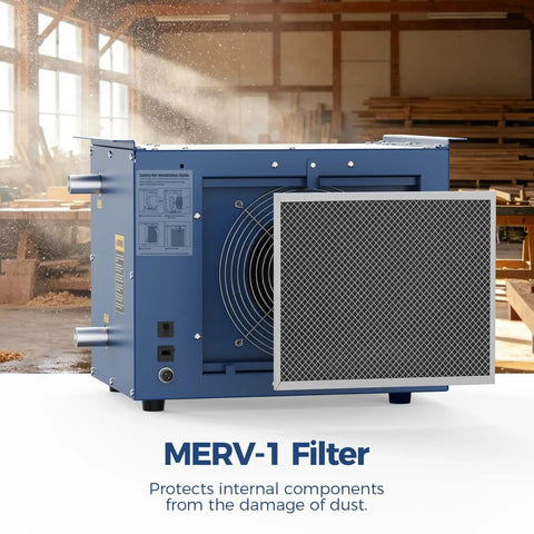 50,000 BTU Hydronic Hanging Unit Heater With Galvanized Steel Housing And Aluminum Tube Heat Exchanger For Fast Efficient Heating In Garages, Workshops And Warehouses HydroX H50 MERV-1 filter side view