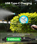 Electric Garden Sprayer Portable Battery Powered Watering Wand spraying water, showing USB Type-C charging, 2400mAh battery