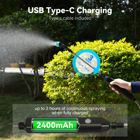 Electric Garden Sprayer Portable Battery Powered Watering Wand spraying water, showing USB Type-C charging, 2400mAh battery