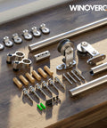 66 Inch Top Mount Sliding Barn Door Hardware Kit In Stainless Steel, Heavy Duty And Quiet with accessories visible on table