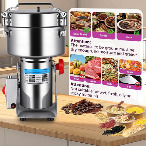 Heavy Duty Pro Grade Grain Mill With 3600W Motor, 36000 RPM, 2500g Capacity, Stainless Steel Build, 270 Degree Swing For Easy Operation