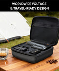 Wirsh Geimori T38 Plus Portable Electric Burr Coffee Grinder With Stepless Conical Burrs For Espresso Drip French Press Home And Travel Space Saving Palm Sized All Metal Body Cafe Quality Grind in travel case with coffee cup.