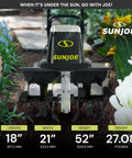 Corded Electric Garden Tiller And Cultivator with Steel Tines shown with dimensions in a garden setting