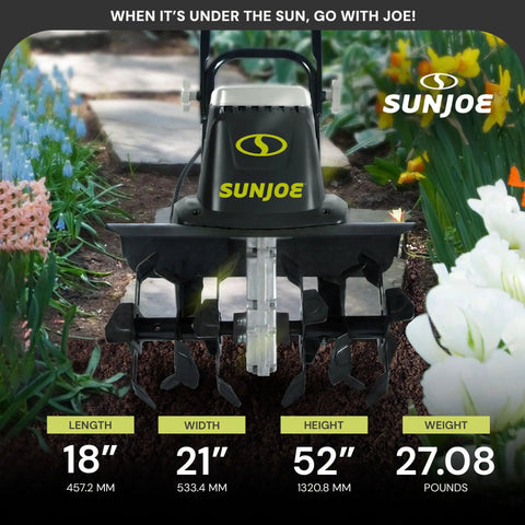 Corded Electric Garden Tiller And Cultivator with Steel Tines shown with dimensions in a garden setting