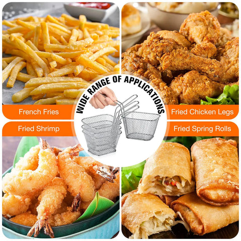 Collage of fries, fried chicken, shrimp, and spring rolls beside 12 Piece Mini Square Fry Basket Set For Home Kitchen Deep Fryer With Handles Chrome Plated Steel Durable Rust Resistant Reusable Small Fry Baskets For French Fries And Snacks Easy To Clean And Serve