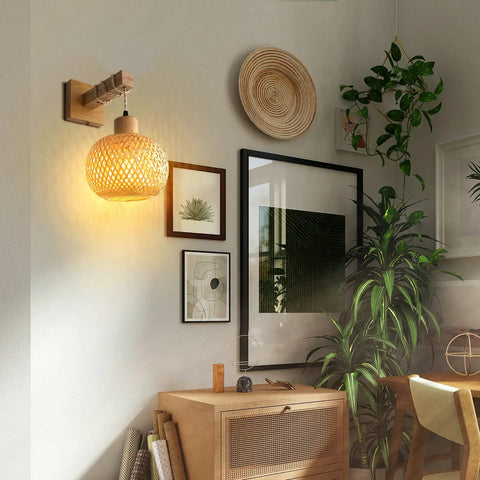 Bamboo Rattan Wall Sconce Lighting For Bedroom And Living Room, Rustic Boho Farmhouse Wall Light With Bamboo Lampshade in cozy setting
