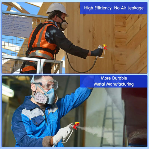 Airless Paint Spray Gun High Pressure 3600 PSI with 517 Tip in use by professionals for construction and furniture painting.