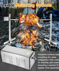 Top Shelf Rotisserie Motor For Electric Grill And Backyard Pit, heavy duty stainless steel, mounted over fire cooking chicken.