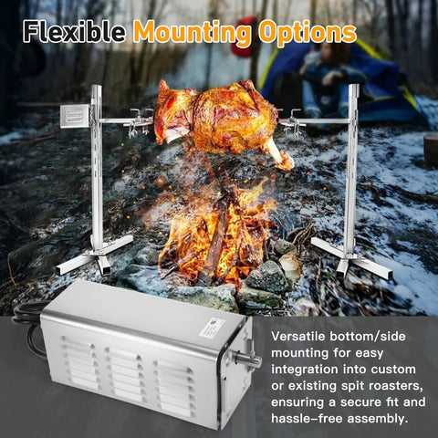 Top Shelf Rotisserie Motor For Electric Grill And Backyard Pit, heavy duty stainless steel, mounted over fire cooking chicken.