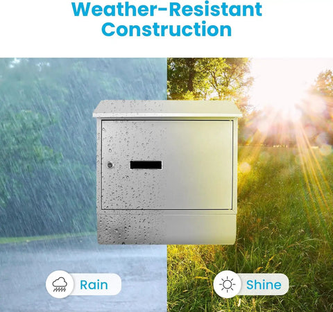 Locking Wall Mount Mailbox Built To Last, Weatherproof Steel With Secure Key Lock shown in rain and shine conditions