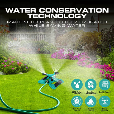 Rotating Garden Sprinkler With 3 Adjustable Arms Stable Weighted Base 360 Degree Coverage watering a lawn with colorful flowers.