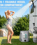 Portable Camping Shower With Rechargeable Electric Pump, 6.6 Gallon Giant Capacity 25L Foldable Bucket, 2 In 1 Design beside RV
