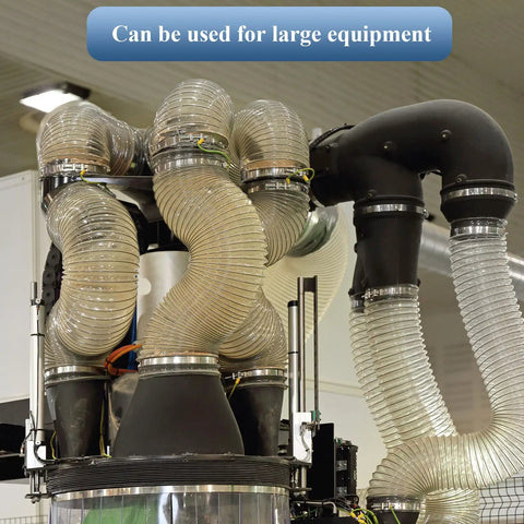 4 Inch 50 Ft Heavy PVC Dust Collection Hose With Clear Flexible PVC Fume Hose, connected to large equipment.