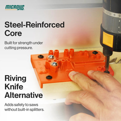 Killer Table Saw Splitter Safety Rig For Thin Kerf Blades And Zero Clearance Inserts With Slick Kickback Reduction Kit installed, showcasing steel-reinforced core.