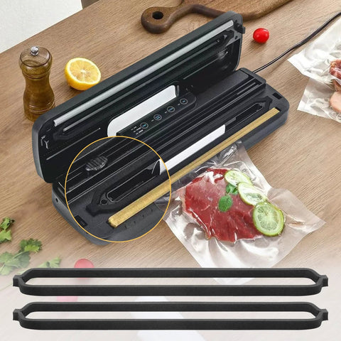 Front view: 6-pack of black foam saver rubber food sealer gaskets for GERYON E2900/E2901 vacuum sealers (upper and lower)