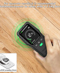 Pinless Moisture Meter For Wood And Walls With Four Modes Softwood Hardwood Wall Masonry Noninvasive Moisture Detection Delivers Fast Accurate Readings For DIYers Builders Home Inspectors And Renovation Projects handheld on wood floor showing 12.7% moisture