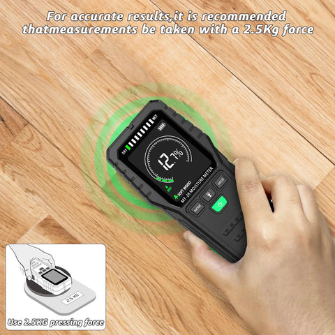 Pinless Moisture Meter For Wood And Walls With Four Modes Softwood Hardwood Wall Masonry Noninvasive Moisture Detection Delivers Fast Accurate Readings For DIYers Builders Home Inspectors And Renovation Projects handheld on wood floor showing 12.7% moisture