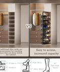 Comparison of traditional shoe storage versus Slick Pull Out Shoe Rack With Heavy Duty Smooth Slide Rails And Adjustable Height Vertical Design.