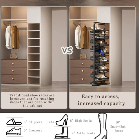 Comparison of traditional shoe storage versus Slick Pull Out Shoe Rack With Heavy Duty Smooth Slide Rails And Adjustable Height Vertical Design.