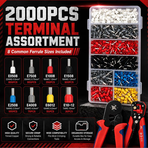 Premium Ferrule Crimping Tool Kit With Square Die Pliers And Auto Wire Stripper, 2000 Piece Connector Set In 8 Sizes For 0.5 To 10mm² Electrical Wires; ferrule assortment box