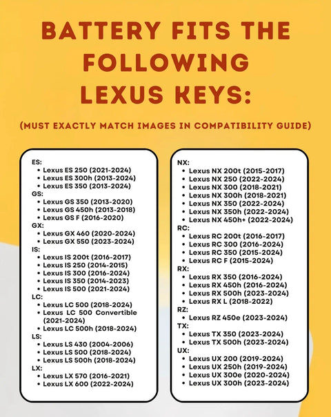 Compatibility list for Two Pack CR2032 Key Fob Batteries For Lexus Remote Replacement Kit with OEM Quality Cells. Fits multiple models.