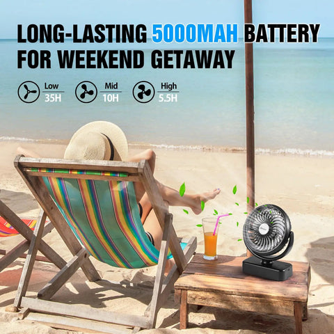 Must Have All In One Camping Fan With LED Lantern And Aroma Diffuser on beach with chair and drink