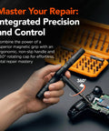 Hand using Magnetic Ratchet Screwdriver Set With Flexible Shaft And 42-In-1 Precision Bits on electronic device