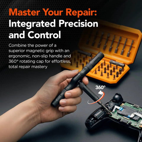 Hand using Magnetic Ratchet Screwdriver Set With Flexible Shaft And 42-In-1 Precision Bits on electronic device